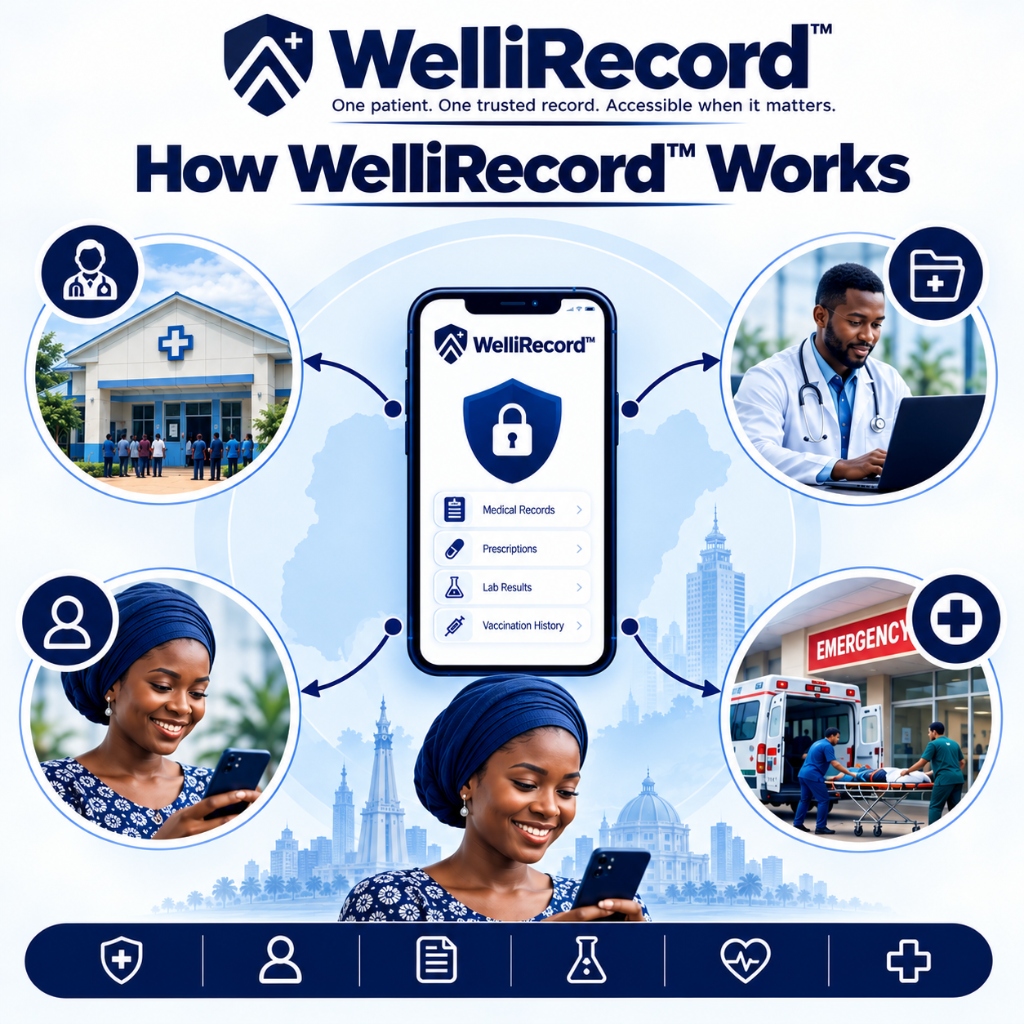 How WelliRecord works diagram connecting clinics, physicians, patients, and emergency care